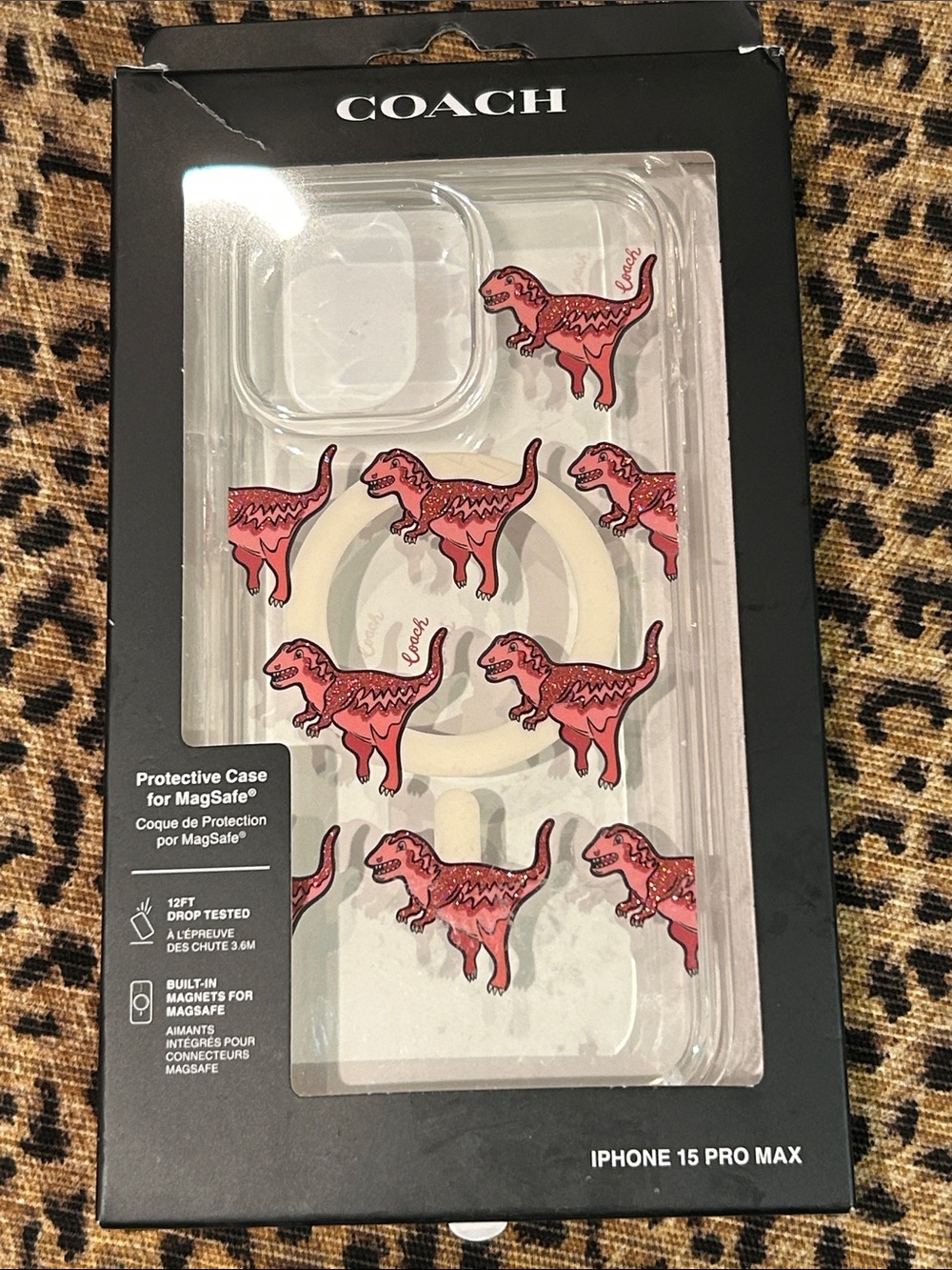 Coach Clear iPhone 15 Pro Max MagSafe Case with Pink Glitter Dino Rexy NEW T-Rex